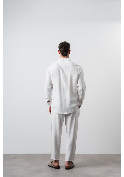 Erkek Keten Oversize Gömlek Pantolon Takım Ekru