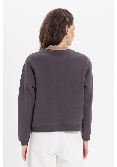 Tudors Kadın Oversize Geniş Kesim Pamuklu Bisiklet Yaka Füme Sweatshirt-39927 Füme
