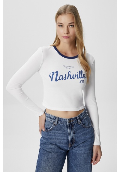 Ritnice Kadın Nash Beyaz Pamuk Slogan Baskılı Bluz Beyaz