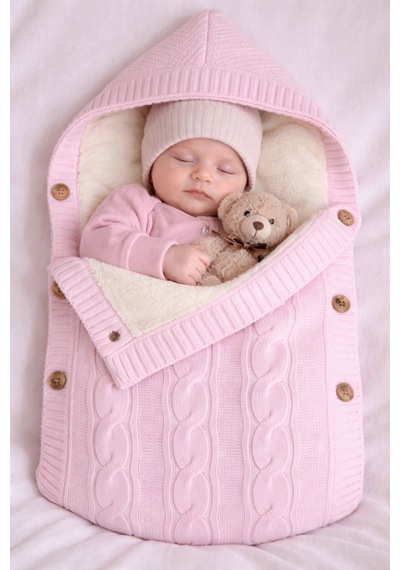 % 100 Organik İçi Polarlı Kapüşonlu Düğme Detaylı Triko Bebe Kundağı 75 X 40 Cm 1068 Pembe Pembe