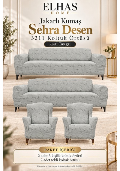 Jakarlı Kumaş Sehra Desen 3-3-1-1 Koltuk Örtüsü Çekyat Koltuk Kılıfı Taş Gri - 935039383 Taş Gri