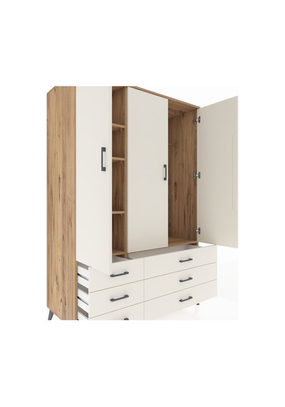 Kronos Dolap 5 Raflı 6 Çekmeceli Tek Askılı 132x59x195 Çam-ay... Çam