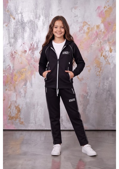 Pina Kids Kız Çocuk Atheletic Reglan Kol Kapüşonlu Düz Paça Dalgıç Kumaş Eşofman Takımı Esf7018 siyah