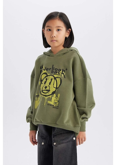 DeFacto Kız Çocuk Oversize Geniş Kalıp Kapüşonlu Baskılı Sweatshirt D1567A824WNKH210 Haki