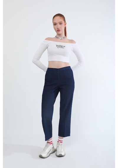 Kadın Beli Lastikli Likralı Yan Cepli Jean Pantolon Lacivert Lacivert