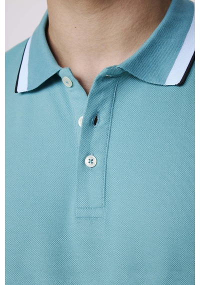 Tudors Erkek Polo Yaka Slim Fit Yaka Ve Kol Şeritli Pike Turkuaz Tişört-27799-Turkuaz