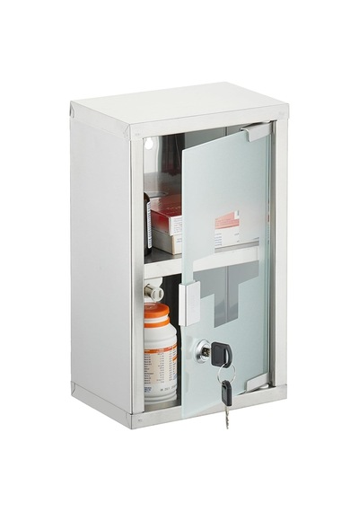 Kilitli Paslanmaz Dolabı 2 Raflı Cam Kapaklı Duvara Monte 30x18 Cm Gümüş