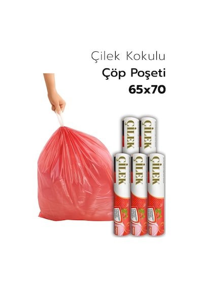 5 Paket Büyük Boy 65x70 Çilek Kokulu Büzgülü Çöp Poşeti 50 Adet Çöp Torbası 60 Litre