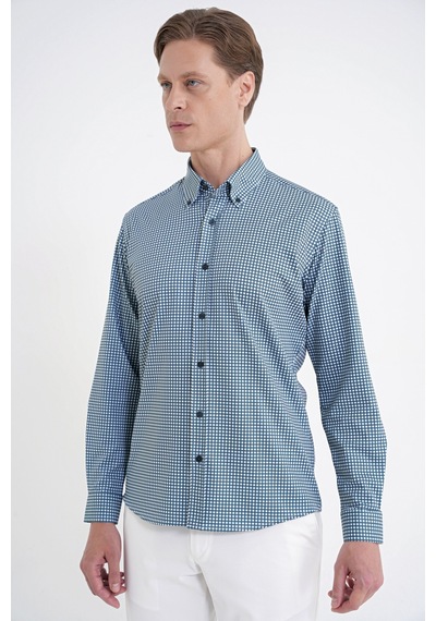 Slim Fit Pötikare Baskılı Pamuklu Yaka Düğmeli Yeşil Gömlek G 1604