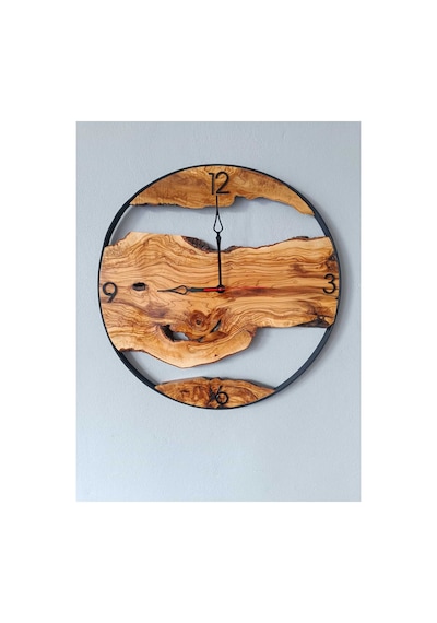 Büyük Boy 65x65 Cm Zeytin Ağacı Duvar Saati El Yapımı Doğal Ahşap Sessiz Saat Kahverengi