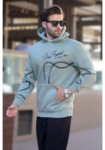 Madmext Çağla Yeşil Baskılı Kapşonlu Cep Detaylı Erkek Sweatshirt 7067 Yeşil