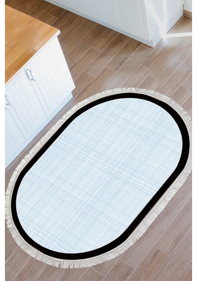 Kaymaz Taban Djt Banyo Mutfak Salon Halı Trend Saçaklı Oval Dokuma Desen E5007 Açık Mavi