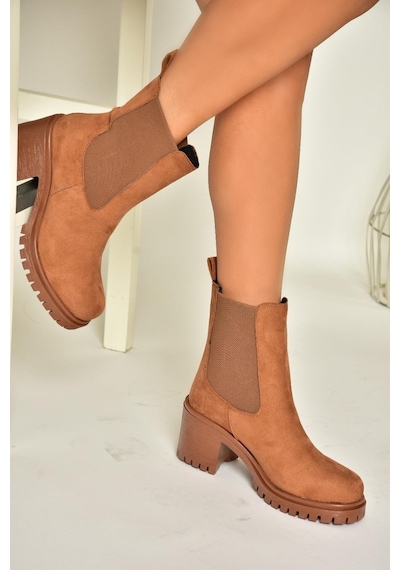 Fox Shoes T726981602 Taba Süet Lastikli Kalın Topuklu Kadın Bot Taba-Süet Taba