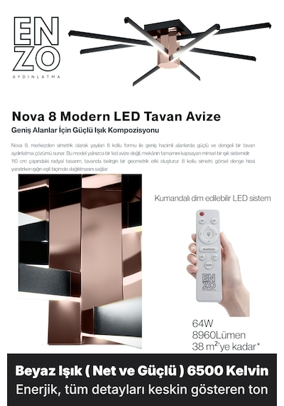 Nova 8 Rose Goldled Tavan Avize Kumandalı Dim Edilebilir Aşağı Işık Beyaz Işık