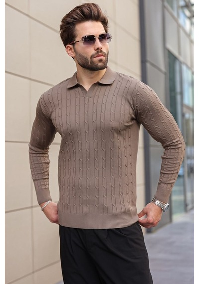 Madmext Açık Kahverengi Polo Yaka Saç Örgü Desenli Erkek Triko Kazak E7519