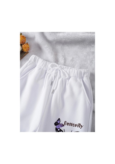 Tarzsokak Butterfly & Letter Graphic Drawstring Waist 4 Mevsim Eşofman Beyaz