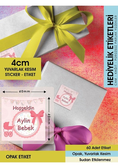Fiyonklu Doğum Günü Etiketi - 4cm - 60 Adet Opak Sticker Renkli