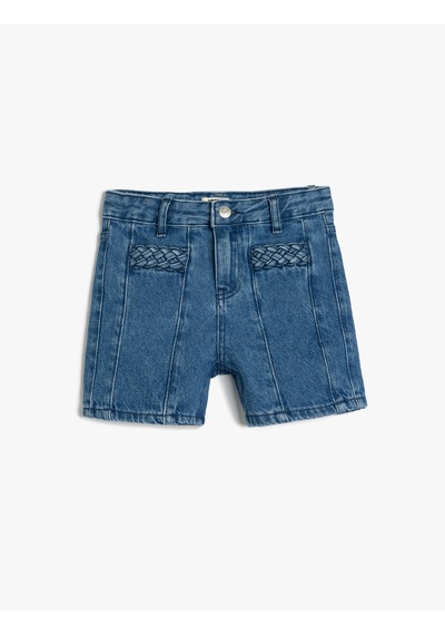 Koton Pamuklu Yüksek Belli Örgü Detaylı Denim Şort Lıght Indıgo 5skg40104ad Açık Mavi