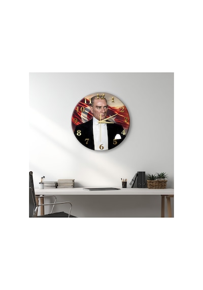 Atatürk Temalı Dekoratif Duvar Saati 33 Cm Uv Baskılı Mdf Duvar Saati Çok Renkli