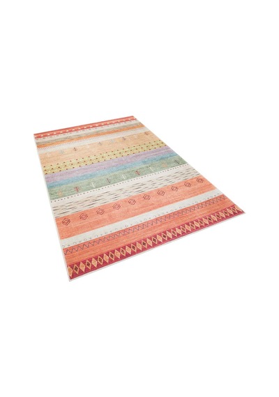 Etnik Kilim Desenli Pamuk Taban Yıkanabilir Baskılı Halı Turuncu