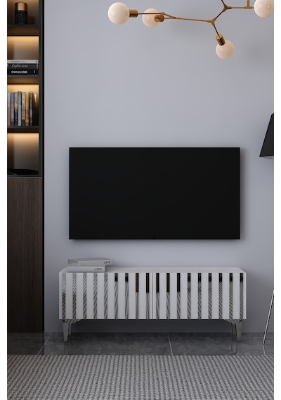 120dhdts6bg Aden Pleksi Desenli Tv Sehpası Beyaz - Gümüş