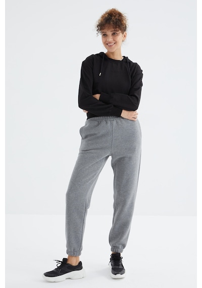 Tommy Life Gri Melanj Yüksek Bel Şardonlu 3 İplik Pamuklu Basic Kadın Eşofman Alt - 94624 GRİ MELANJ