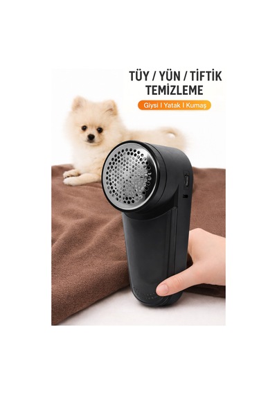 Exenar - Siyah - Şarjlı Tüy Toplama Tiftik Temizleme Makinesi 6 Bıçaklı Kumaş Kazak Tiftik Temizleyici - Fırçalı Siyah
