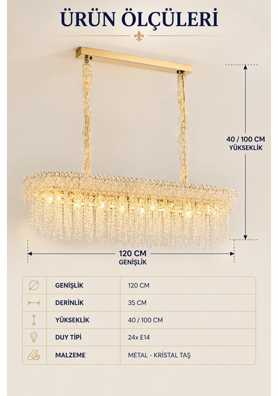 Modern Premıum Sarkıt Avize 24xe14 Gold Dikdörtgen Lüks Salon Yemek Odası Avizesi