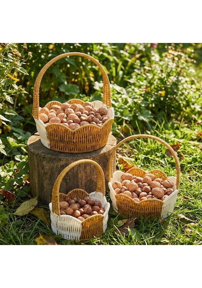 Buffer İç İçe Geçebilen 3 Lü Çift Renkli Yuvarlak Dalgalı Formlu Saplı Plastik Rattan Sepet Seti Hasır Görünümlü Çok Kahverengi