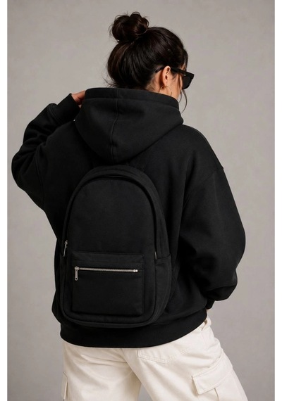 Kadın 3 İplik Şardonlu Tam Fermuarlı Kapüşonlu Arka Çanta Detaylı Sweatshirt - Siyah