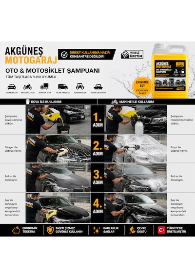Akgüneş Motogaraj 5 Litre Oto Ve Motosiklet Şampuanı Direkt Kullanıma Hazır Makine Ve Kova Kullanımına Uygun Yerli Üretim Tüm Taşıtlara Uyumlu Ekonomik Boy