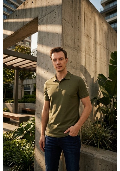 Süvari Slim Fit Düz Baskısız Pike Düğmeli Polo Yaka Nefes Alabilen T-shirt Haki