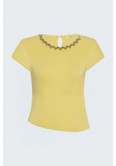 Sateen Kolyeli Kısa Kol Triko - Sarı-137950