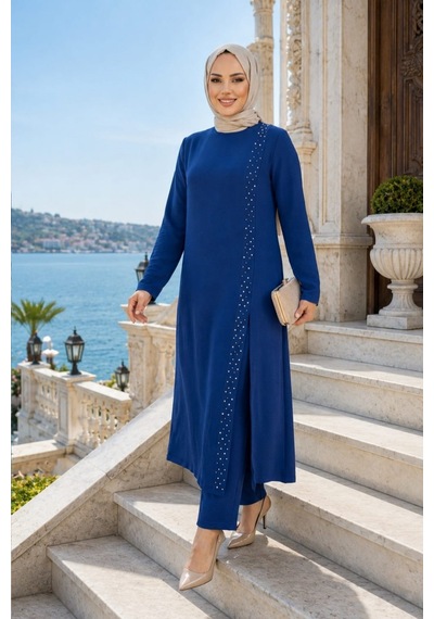 Hb Harma Time Butik Kadın İnci İşlemeli Mavi Tunik-pantolon İkili Takım