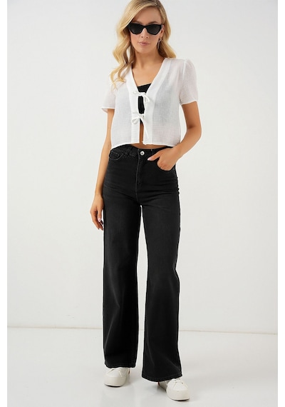 Hiccup Bdart Dokulu V-yaka Keten Karışımlı Crop Top Beyaz