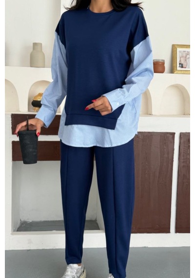 Ded Collectıon Kadın Çizgili Uzun Kollu Gömlek Detaylı Yuvarlak Yaka Sweatshirt Modal Takım Lacivert Ded Collectıon Kadın Çizgili Uzun Kollu Gömlek Detaylı Yuvarlak Yaka Sweatshirt Modal Takım Lacivert