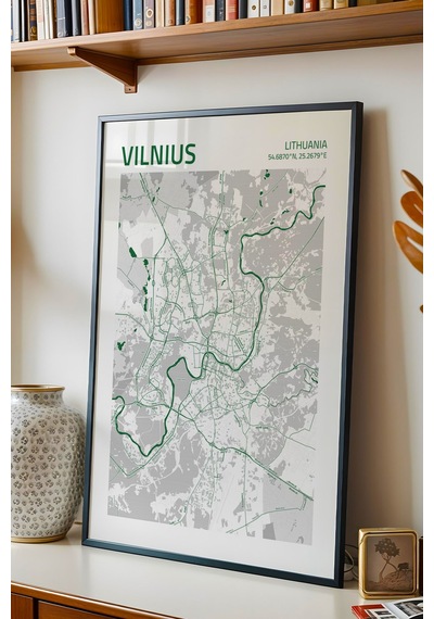 Vilnius Litvanya Haritası Çerçeveli Tablo Lüks Salon Ofis Duvar Dekorasyonu Hediyelik Tablo