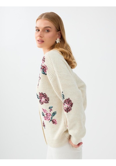 Jimmy Key Kırık Beyaz Floral Payet İşleme Detaylı V Yaka Triko Hırka 6ww108197106