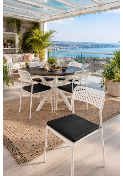 Siyah 4 Kişilik Minderli Balkon Takımı, Balkon Masası, Balkon Sandalyesi, Yuvarlak Masa, Yemek Masası, Mutfak Masa Sandalye Takımı, 4 Sandalye 1 Masa Siyah/beyaz-beyaz