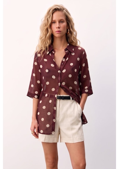 Sateen Puantiye Desenli Gömlek - Bordo-137750
