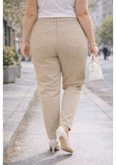 Cedy Denim Mom Fit Jean Büyük Beden Yüksek Bel Carrot Kesim Dar Paça Pileli Esnek Kot Pantolon C600 Bej