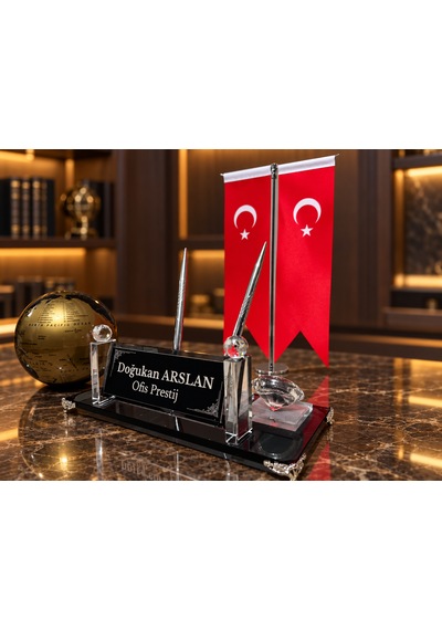 Velora Prestıge Gold 3 Parça Dünya Küreli Kişiye Özel Çift Kalemli Kristal Masa İsimliği Seti Siyah