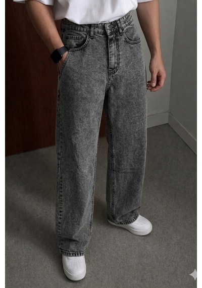 Tarz Cool Erkek Bol Paça Jean Pantolon Rahat Kesim Denim Füme