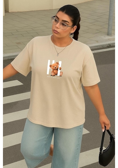Büyük Beden Ayıcık Baskılı Unisex Tişört Bej
