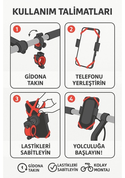 Lastikli 360 Dönebilen Bisiklet Telefon Tutucu Tüm Modellerle Uyumlu, Gidon Montajlı Diğer