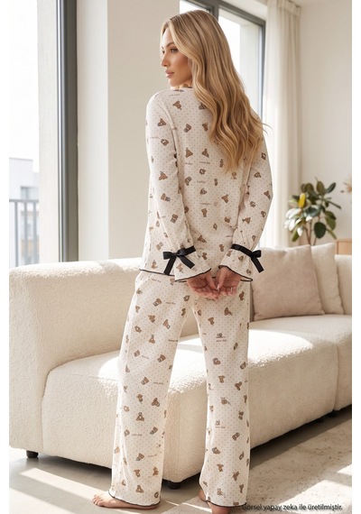 Siyah İnci Desenli Bürümcük-krınkıl Kurdele Detaylı Düğmeli Hırka Pijama Takım 26223921 Ekru Ayıcık