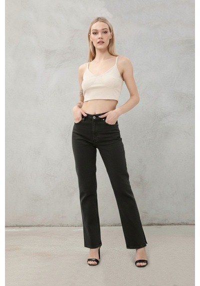 Kene Jeans Paça Yan Yırtmaç Siyah Boyfriend Bol Paça Pantolon Siyah