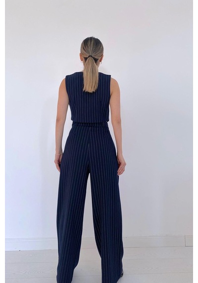 Lacivert Çizgili Ceket & Yelek Ve Pantolon Takım