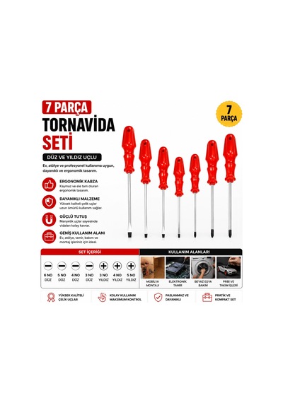 7 Parça Düz Ve Yıldız Tornavida Seti Ergonomik Saplı Profesyonel Tornavida Takımı