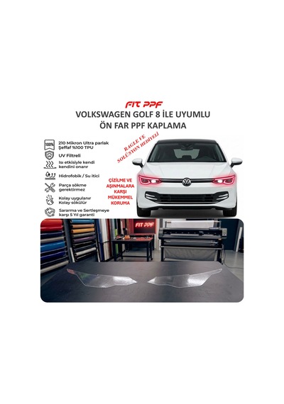 Golf 8 İle Uyumlu Ön Far, Hazır Kesim, 210 Mikron Ppf Tpu, Şeffaf